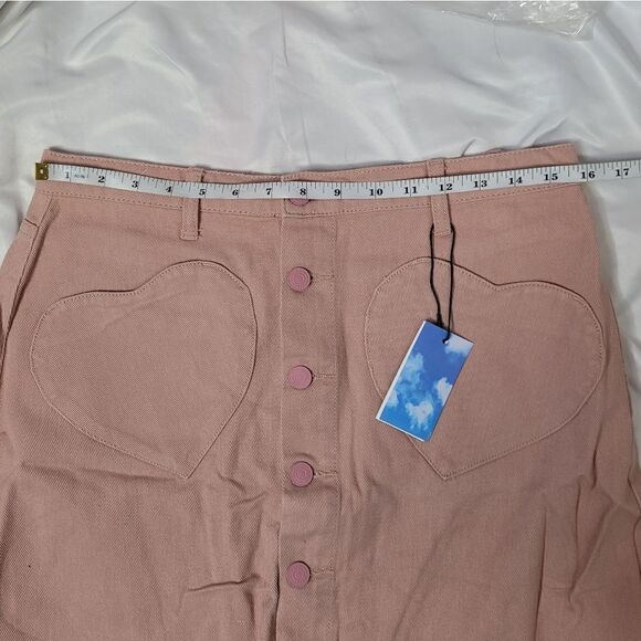 NEW Cider pink heart pocket front button denim mini skirt M - Picture 8 of 9